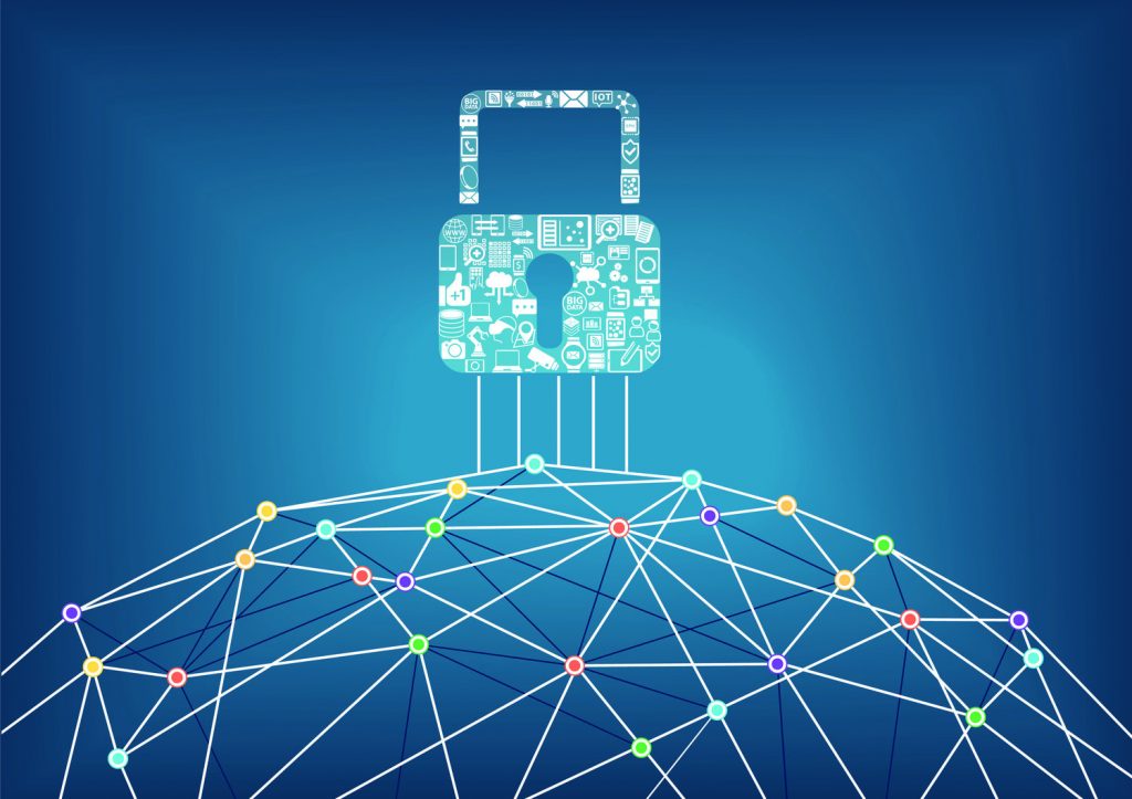 Padlock made with apps logos over plexus graphic